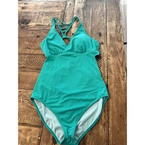 prana one piece swimsuit Tie Back Aqua  UPF 50+ Blue Halter Women's Large
